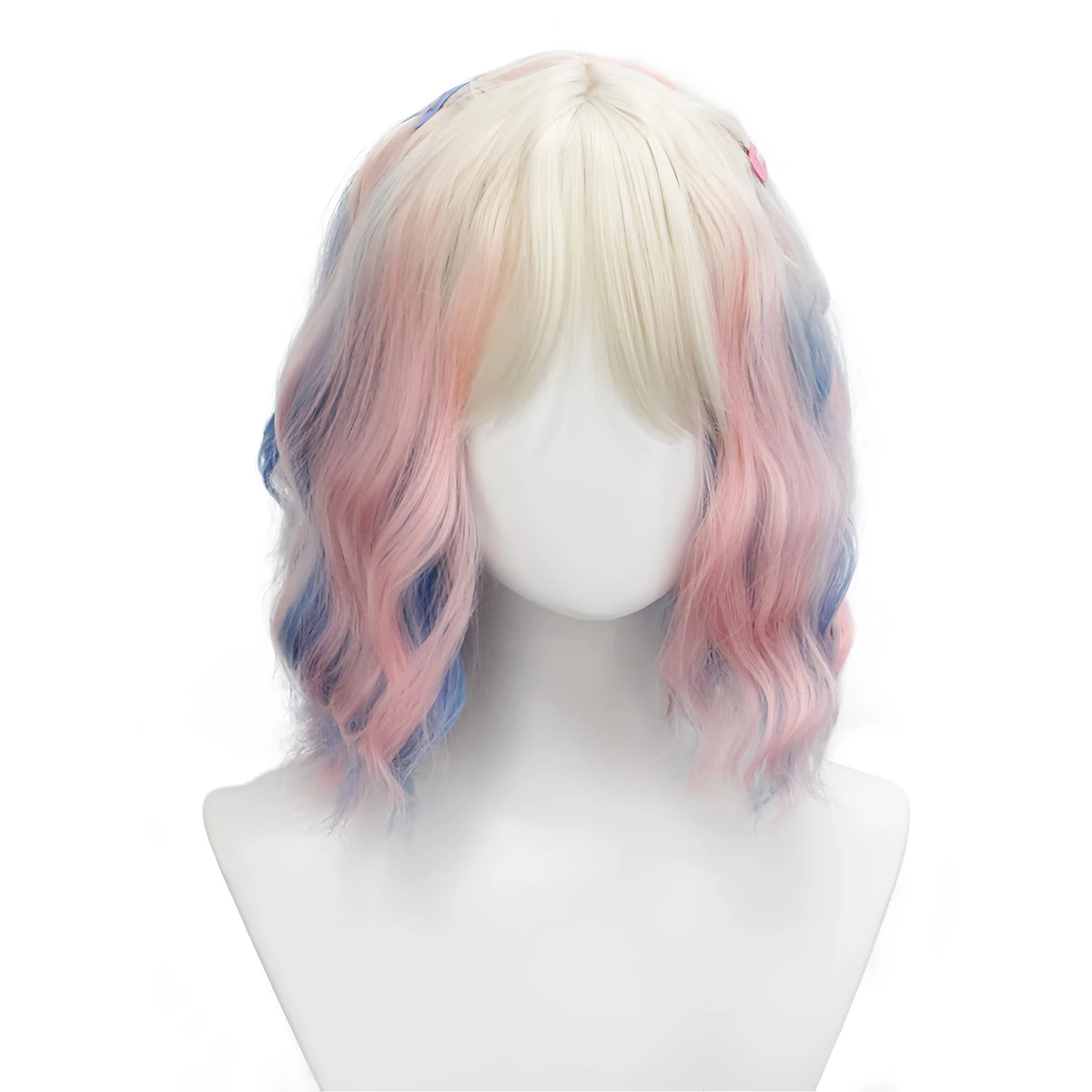 

Anxin Brand Synthetic Fiber Wig: Pink-Blue-White Gradient Medium-Length Curly Hairstyle, with Bangs, the Hair Is Wavy, Light and Textured, Adorned with Small Hair Accessories; Made of High-Quality Synthetic Fiber Material, Comfortable to Wear and Easy to 