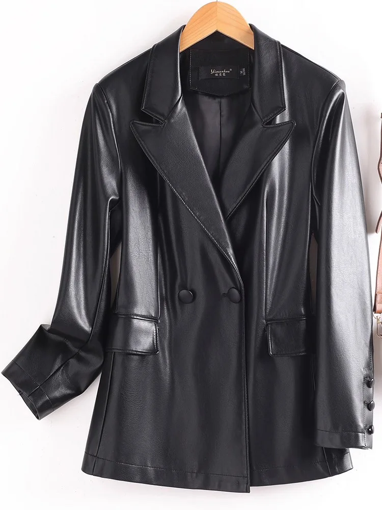 Nuovo Donna Giacca in pelle spaccata Primavera Autunno Moda Colletto con intaglio Vita morbida Giacca in pelle Semplicità casual Cappotto da donna