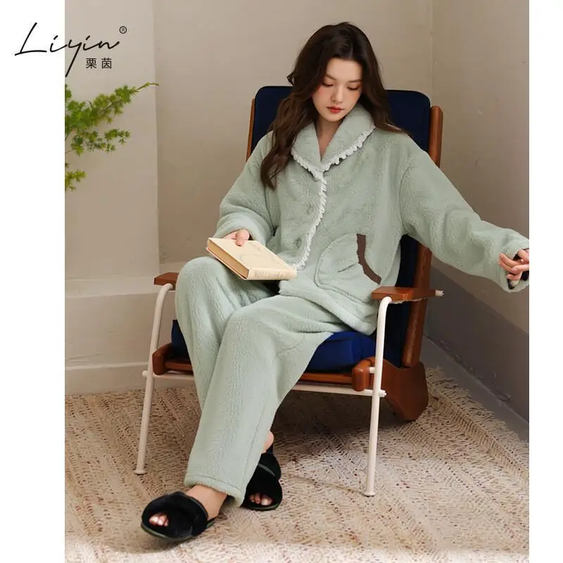 

Women's Pajama Set Coral Fleece Pajamas Set Women Winter Warm Fluffy Loungewear Homewear Sleepwear Set Girl Winter Homewear