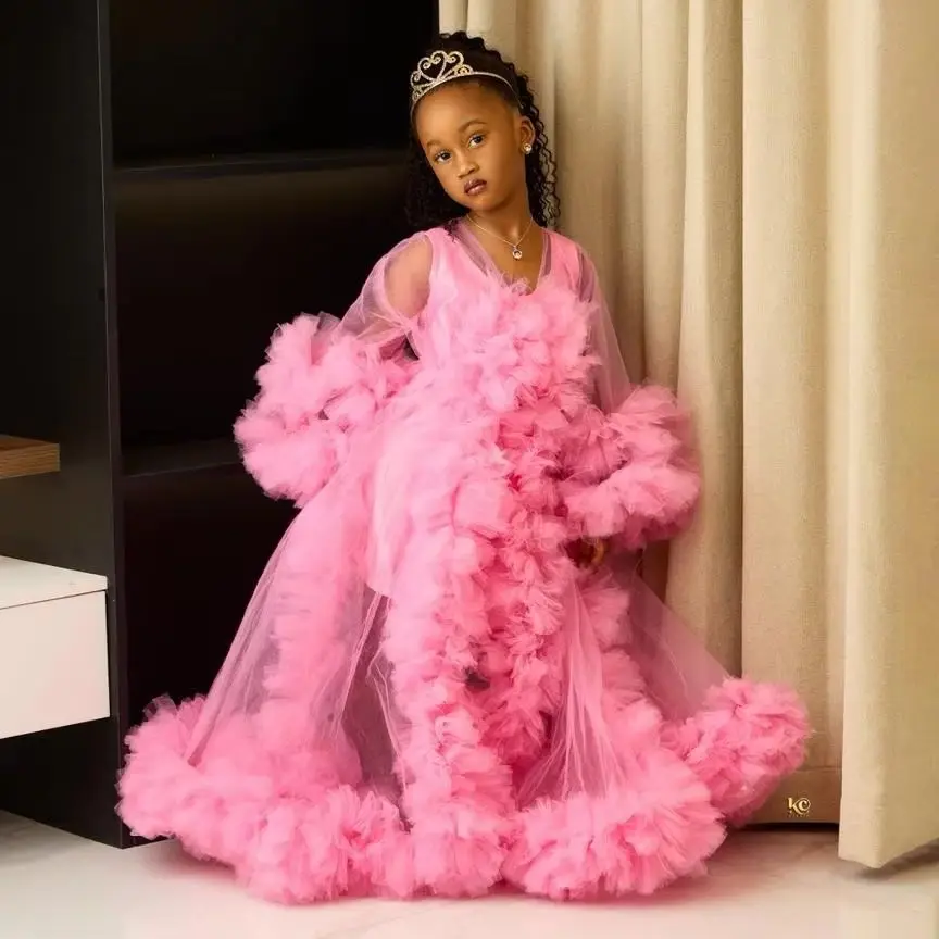 Pink Kids Robe Girl's Birthday Party Dresses Customized Ruffles Flower Girl Dress Baby Girl Gowns for Photoshoot