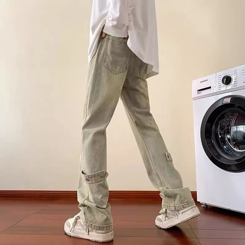 

Мужские джинсы Waed Vintage Yellow Clay Dyed в американском стиле High Street, прямые, слегка расклешенные, длинные брюки, крутой облегающий крой