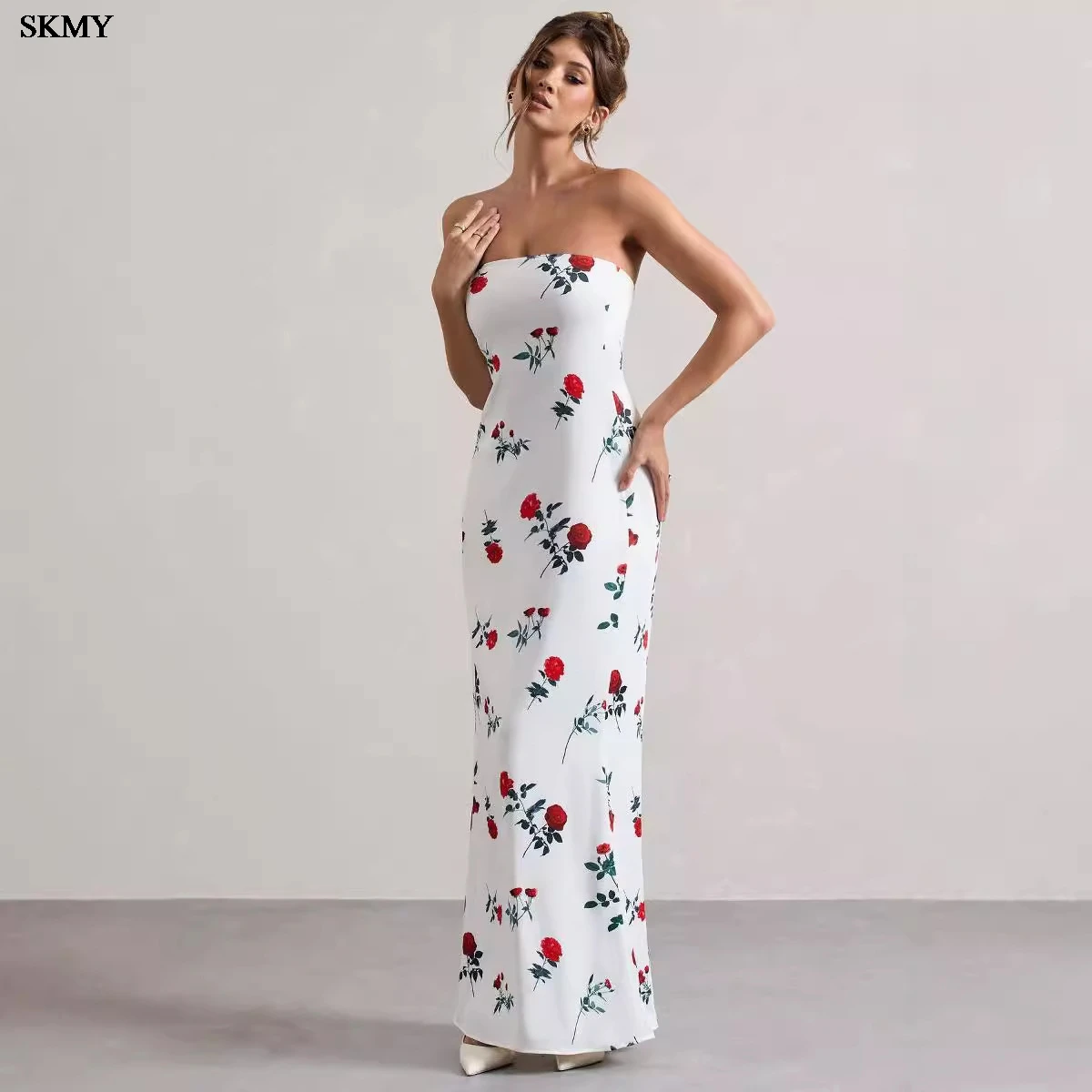 

SKMY 2025 женское сексуальное облегающее платье без бретелек с принтом, облегающее бедра длинное платье Vestidos De Gala Mujer Elegantes Y Sexy