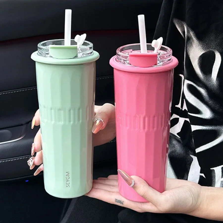 

New simple with straw insulation to keep cold coffee cup fashion ladies stainless steel high value double drinking cups