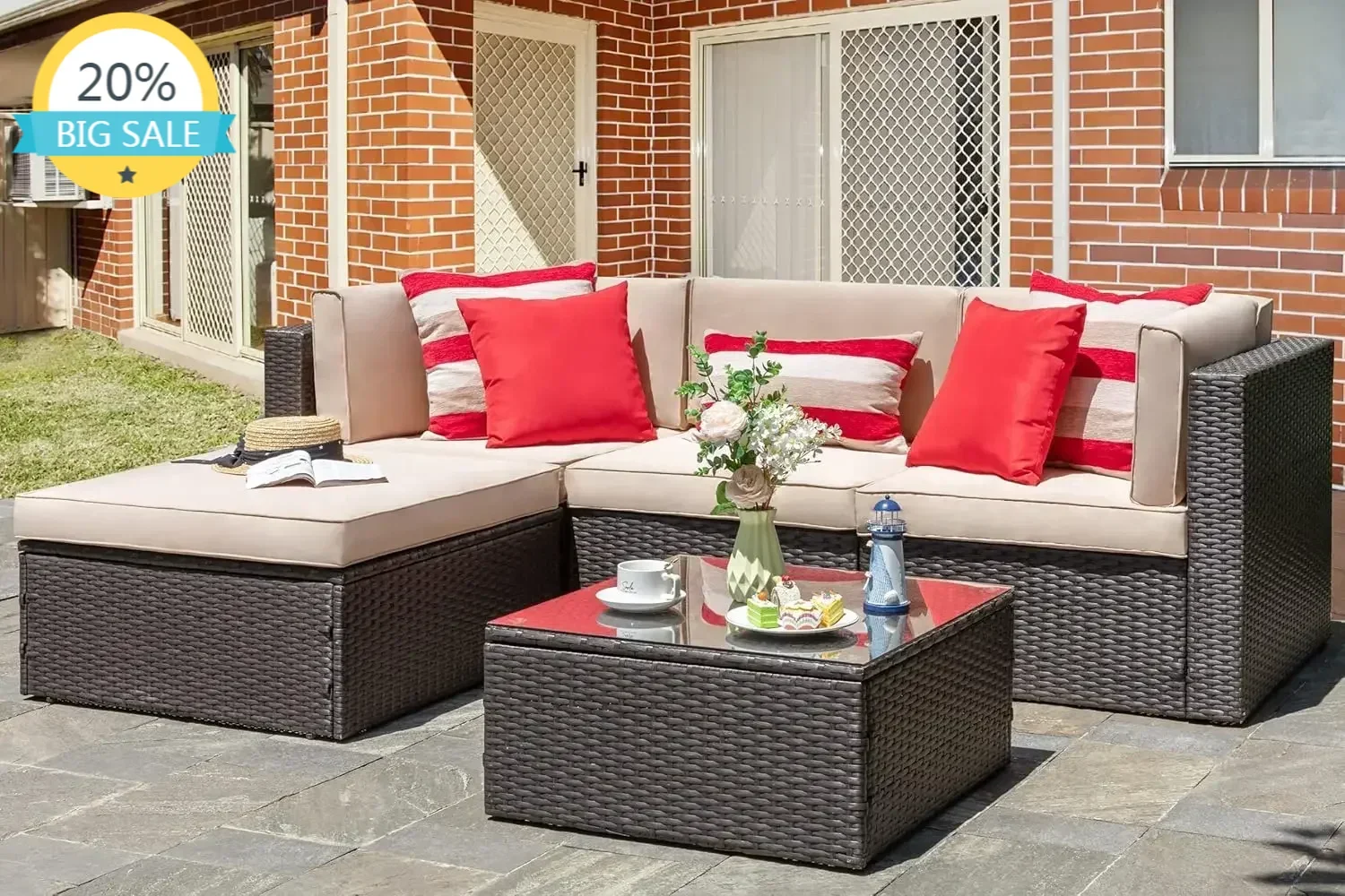

5 Piece Patio Furniture Sets, All-Weather Brown PE Wicker Outdoor Couch Sectional Set, Small Conversation Set for Garden/Patio