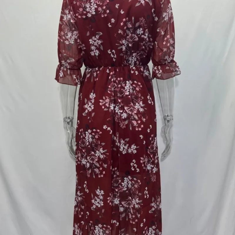 Vestido Midi Floral de gasa para vacaciones, cuello en V, manga corta, abertura frontal, elegante, para fiesta y playa, vestidos largos para verano 2024