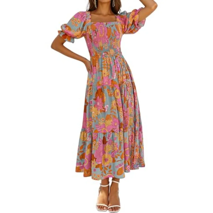 

Женское летнее платье ZESICA 2026 в стиле бохо с цветочным принтом, квадратным вырезом, оборками, свободного кроя, для пляжного отдыха, длинное макси-платье