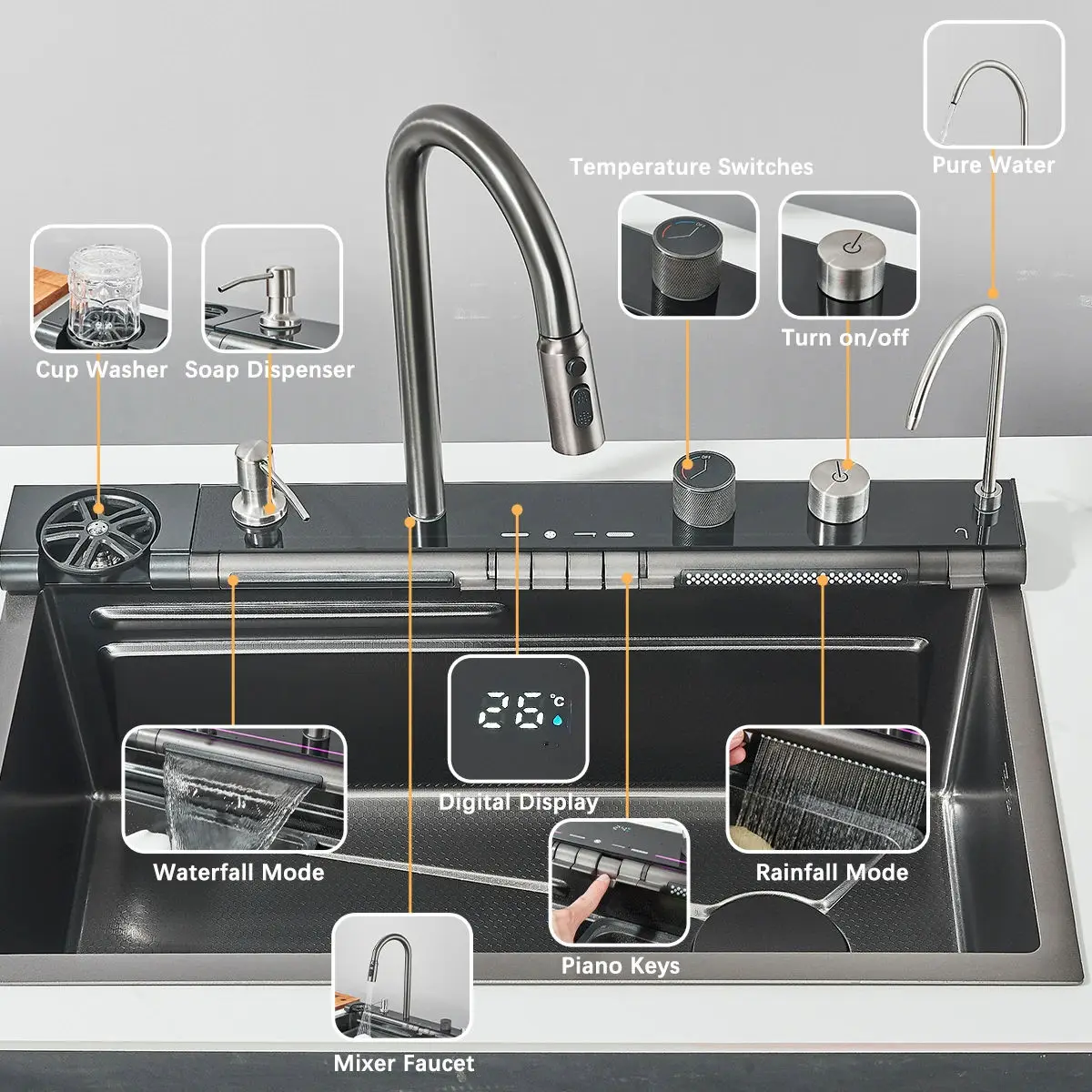 Price European Smart Kitchen Sink Manufacturer Farmhouse Multi Function Corner Undermount Digital Hidden Stainless Steel Modern