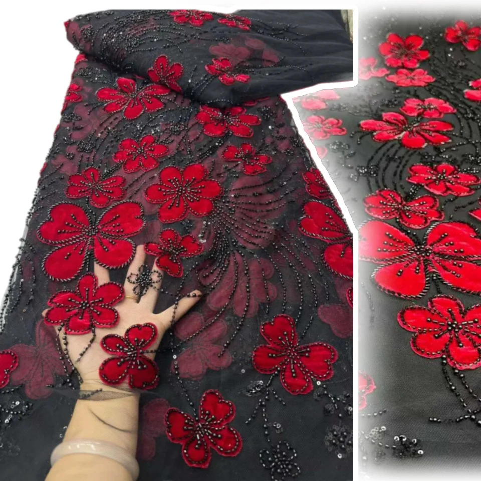 

African Lace Fabric 2025 High Qulity Beads Sequins Embroidery Velvet Fabric Fall and Winter for Women Evening Party Dress Z1699