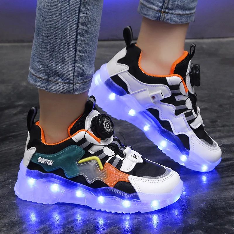 Swivel Button Boys & Girls Children LED Shoes Fashion Lighted Sports Casual Little Kids Sneakers With USB Charger Size 25-37