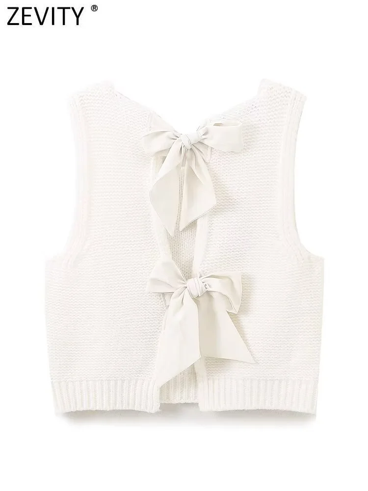 Zevity New Women Fashion Sleeveless Back Bow Tied Design Short Knitting Vest Sweater Female Chic Waistcoat Pullovers Tops CT6257