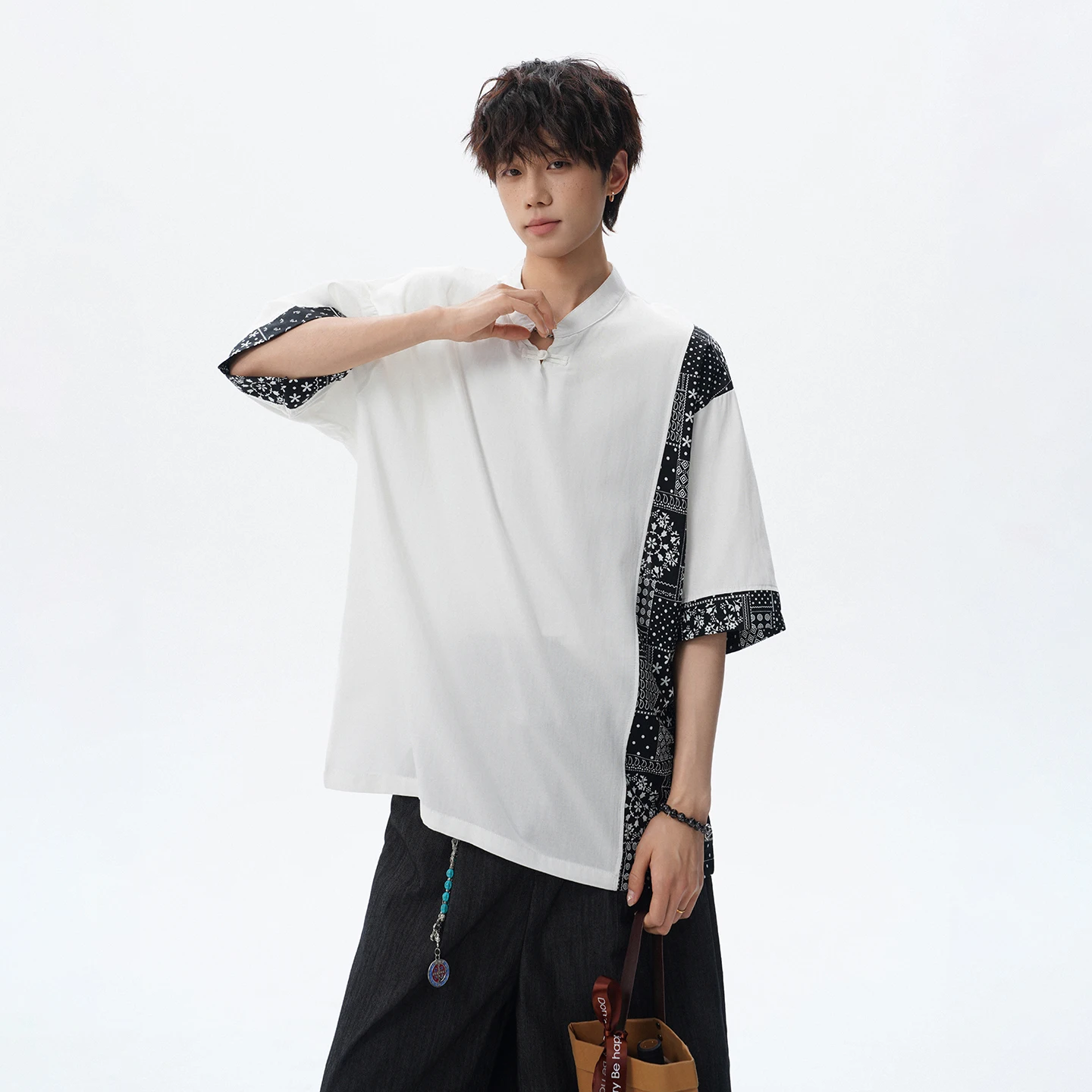 Summer Men's Short-Sleeved Silk-Linen T-shirt in Large Size with Button Closure and Cotton-Linen Tang