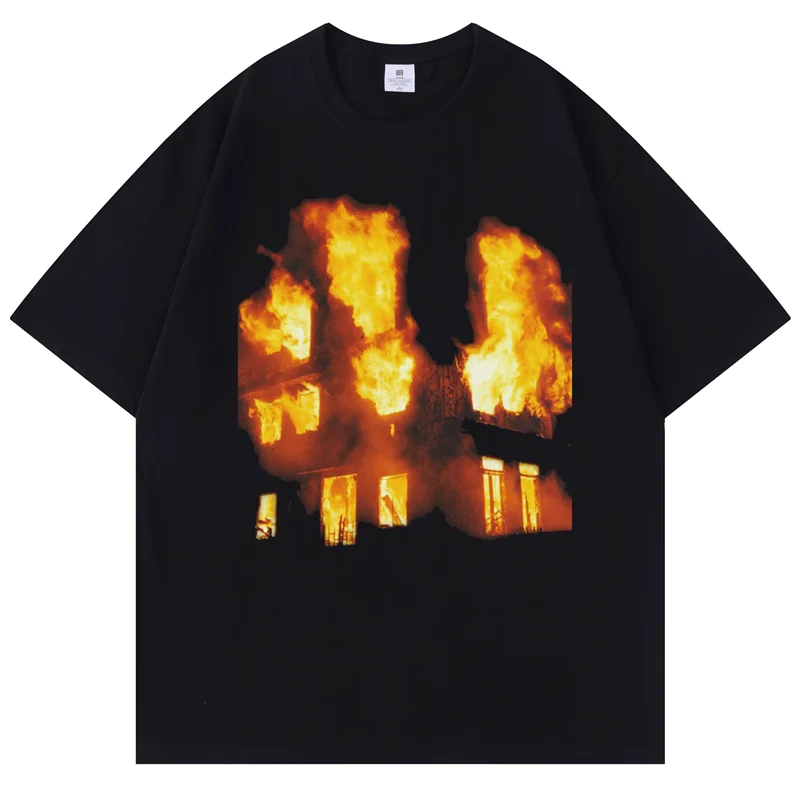 تي شيرت صيفي جديد من High Street American Flame ort Sve تي شيرت رجالي فضفاض من القطن الخالص ثقيل الوزن للأزواج ملابس شبابية