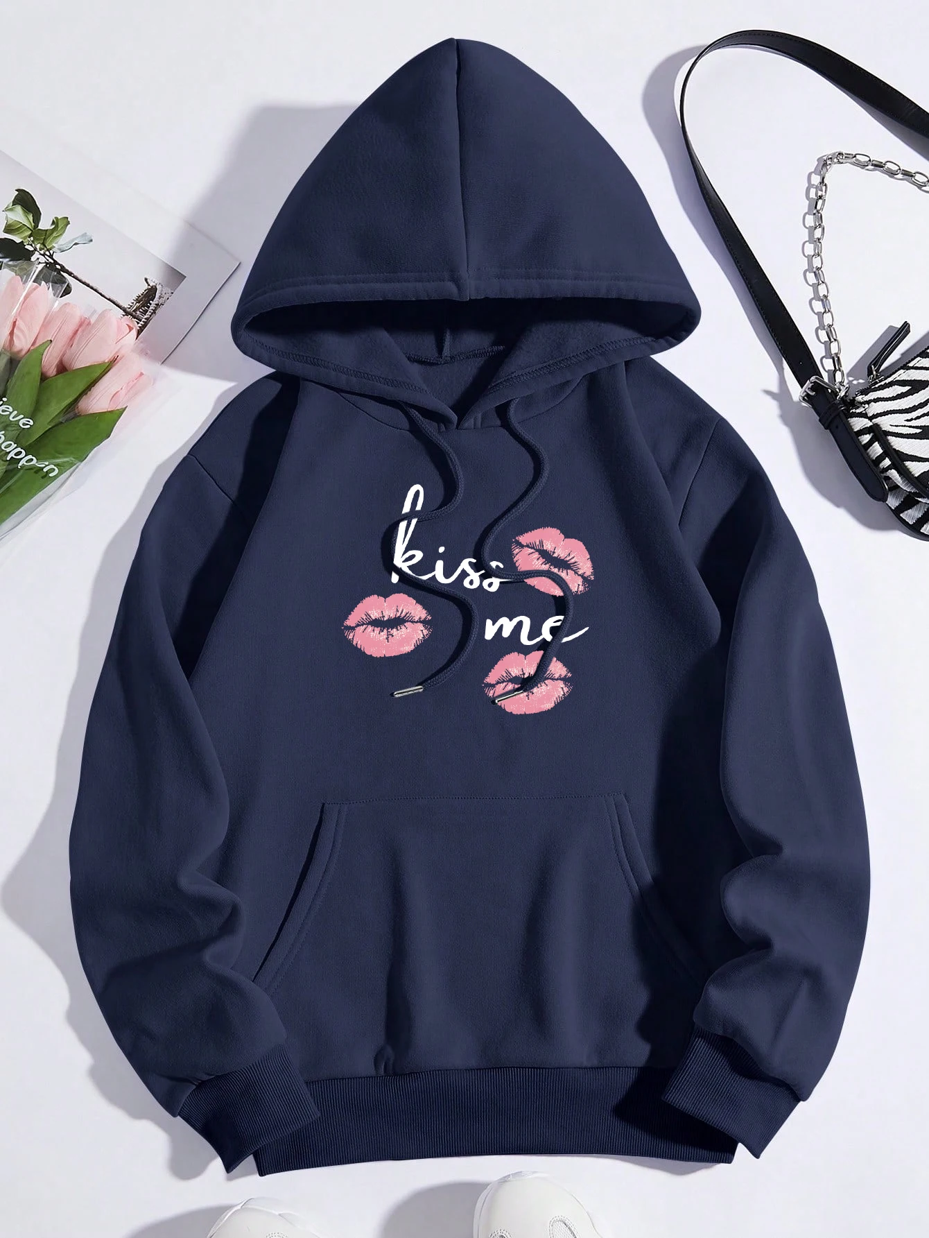 Kiss Me Red Lips 인쇄 여성 후드 Y2K 루즈 포켓 풀오버 가을 양털 Hoody All-Match Hip Hop 여성 streetwear