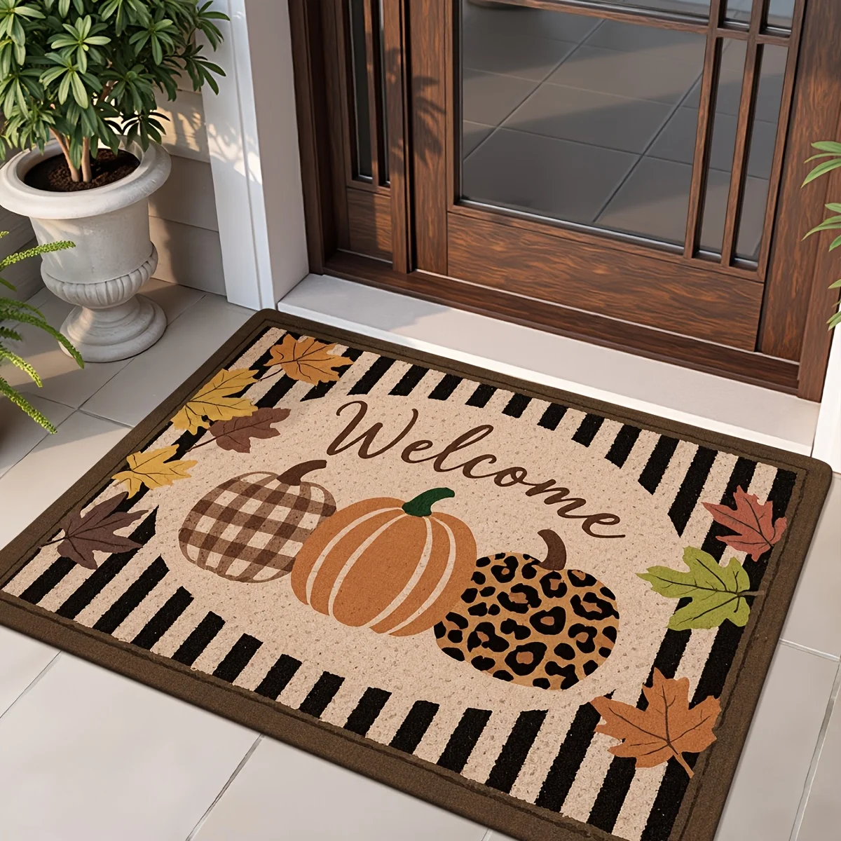Fall Welcome Door Mat Flannel Non Slip Washable Leopard Plaid Pumpkin Maple Leaf Soft Entryway Rug for Autumn Harvest Home