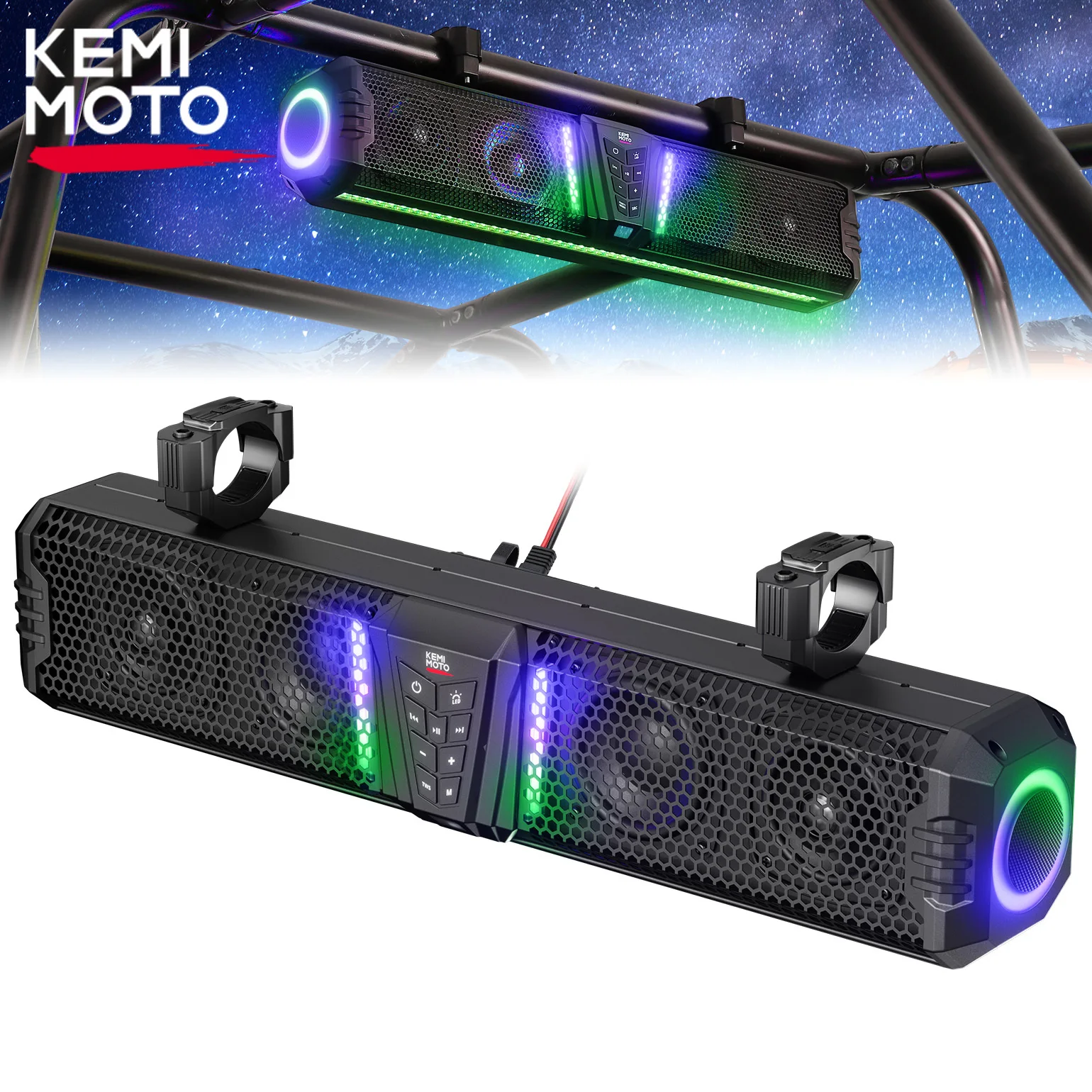 

KEMIMOTO Midnight 60 UTV Soundbar 500W 4-Speaker Bluetooth Audio System with LED Lights IP66 Aluminum Housing for 1-2" Roll Bar