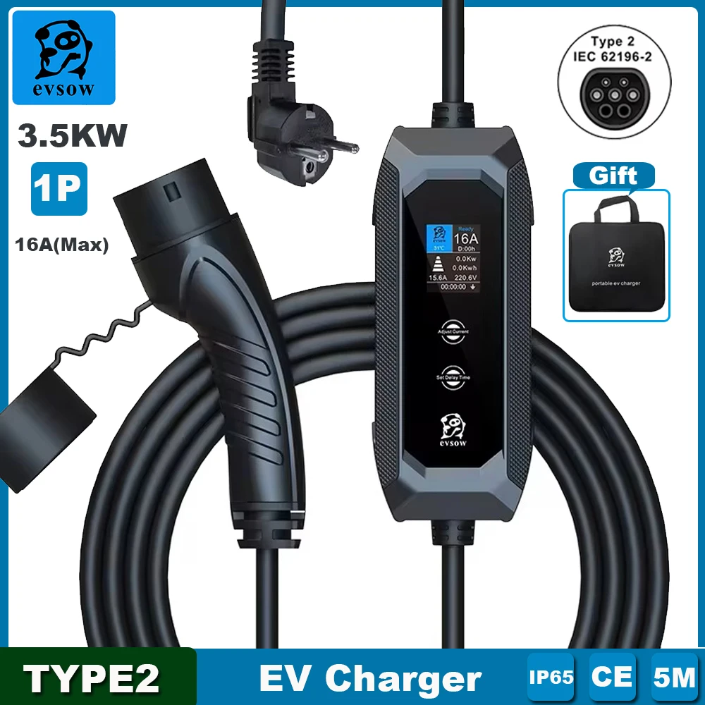 evsow 3.5KW Portable EV Charger Type 2 16A 1P Electric Car Charger Adjustable Current&Timed charging For Electric Vehicle 5M