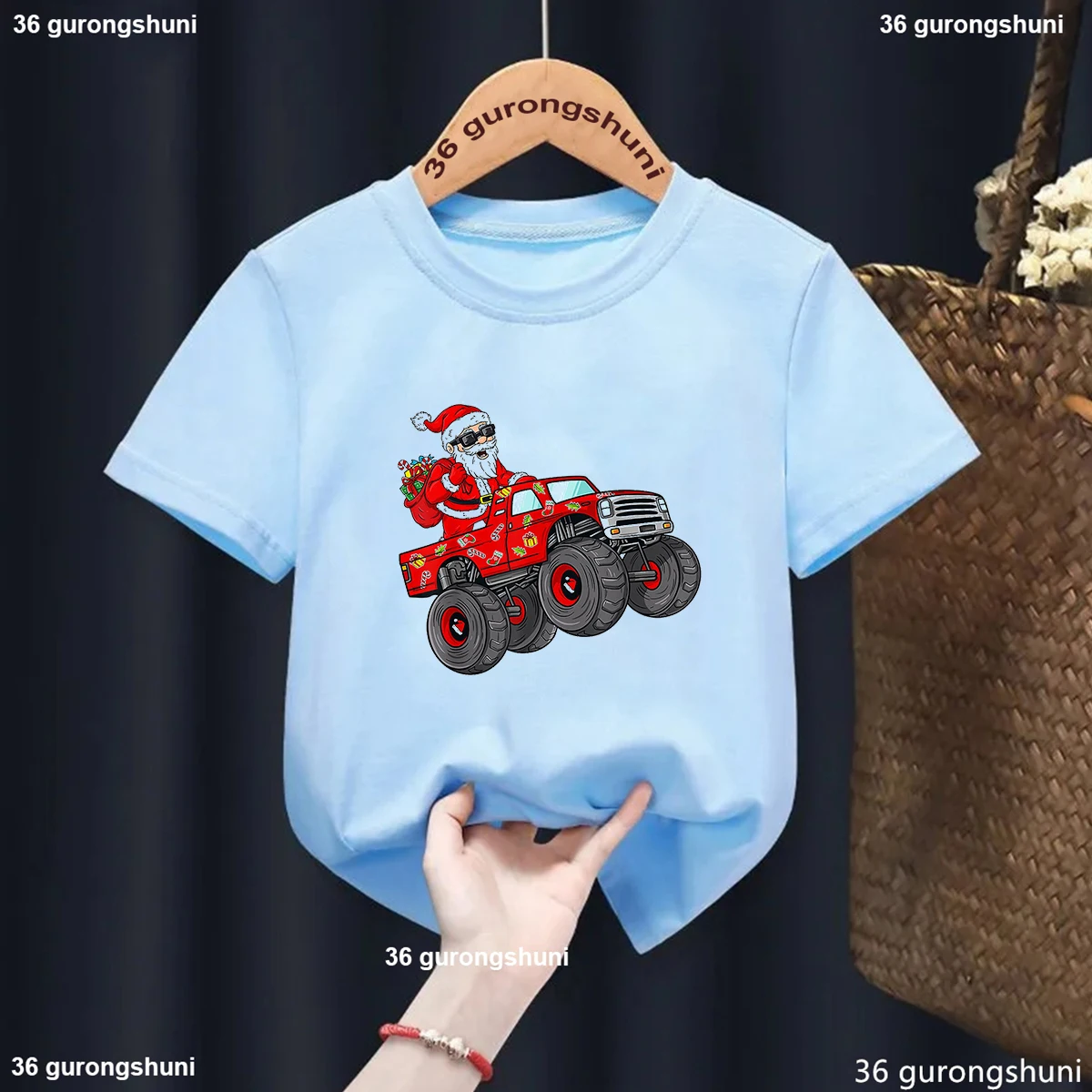 

Santa Claus Drives A Truck Printed T Shirt Girls/Boys Christmas Gifts Funny Kids Clothes Funny Short Sleeve Blue Gray T-Shirt