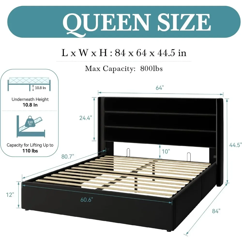 Queen Lift Up Storage Bed with Wingback Headboard，Velvet Upholstered Bed Frame Underneath Storage Wooden Slats Support，Bed Frame