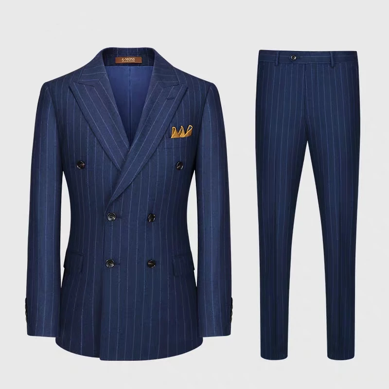 Terno listra azul marinho masculino, smoking noivo, calça blazer, traje formal de negócios, festa de casamento, outono, inverno, 2 peças