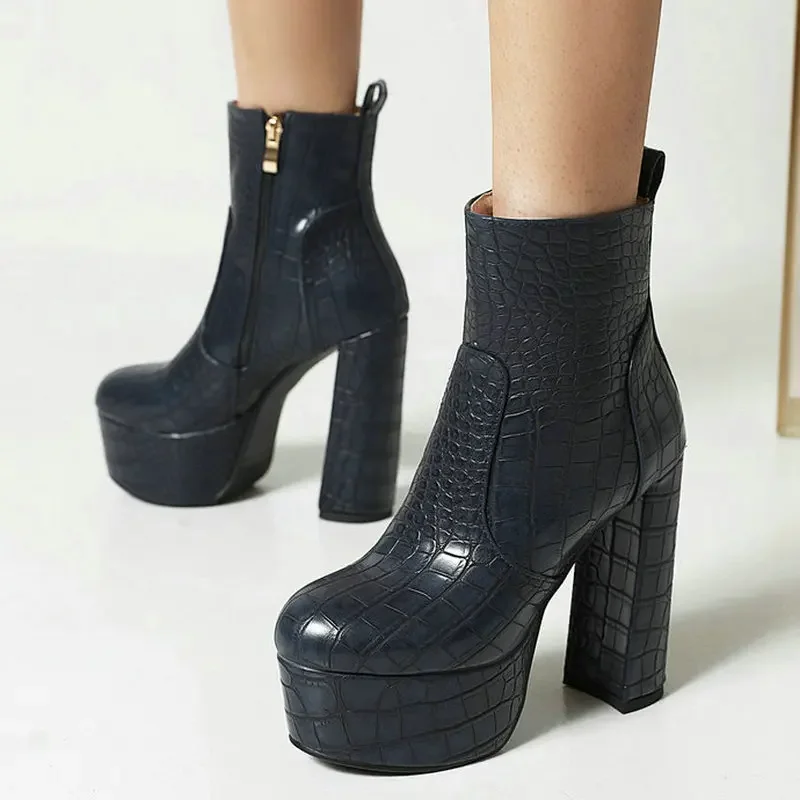 

2025 New Women Ankle Boots Platform Square High Heel Ladies Short Boots PU Leather Round Toe Zipper Dress Fashion Women Shoes