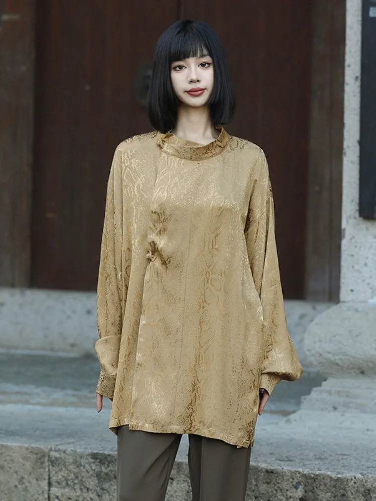 

Young Men's Long Sve irt with Buttoned Slanting Collar in Silk Satin Chinese Sle New Faion for Spring Autumn And Winter