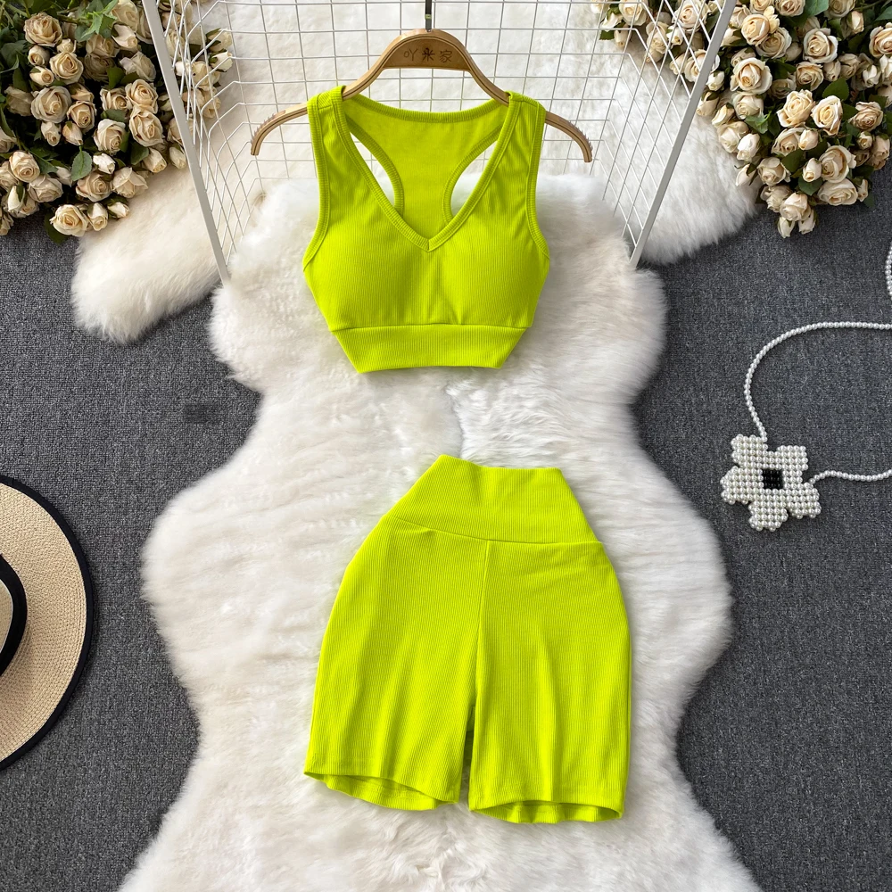 Summer Solid Elegant Sport Shorts Suit Women Fashion Sexy Crop Tops and Pants 2 Pieces Set Female Chic Outfits Tracksuits