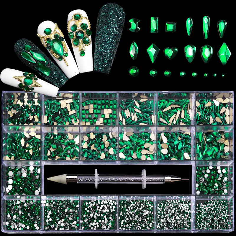 2500pcs Glass Crystal Diamond Flat Bottom Rhinestones Nail Art Decorations 21 Grid Box Nails Accessories Set With 1 Pick Up Pen