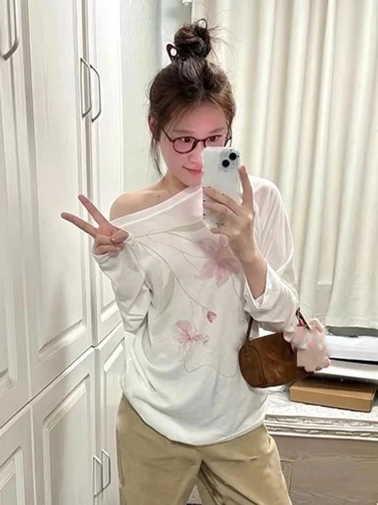 الأمريكية الرجعية ملابس منقوشة بكم طويل تي شيرت المرأة الحلو عادية شفافة تنوعا بلايز الخريف جديد Y2k الجمالية تيز