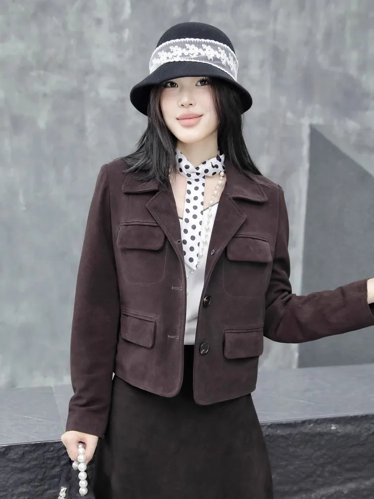 سترة نسائية بلون القهوة الداكنة للخريف بأكمام طويلة وياقة علوية وسترات قصيرة واحدة الصدر وزرين ملابس خارجية بقصة ضيقة #5