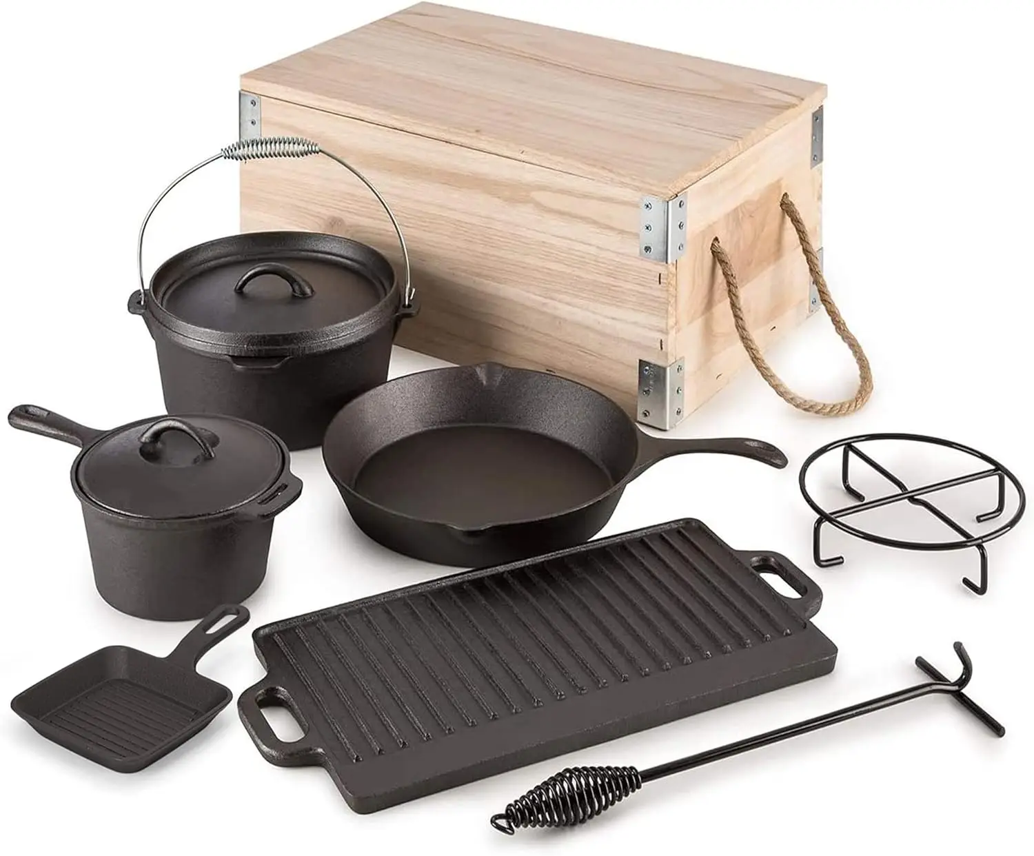 Oven Cooking Set Cast Iron Camping Kitchen Cookware Bakeware Skillets & Square Grill Pan w/Vintage Ca