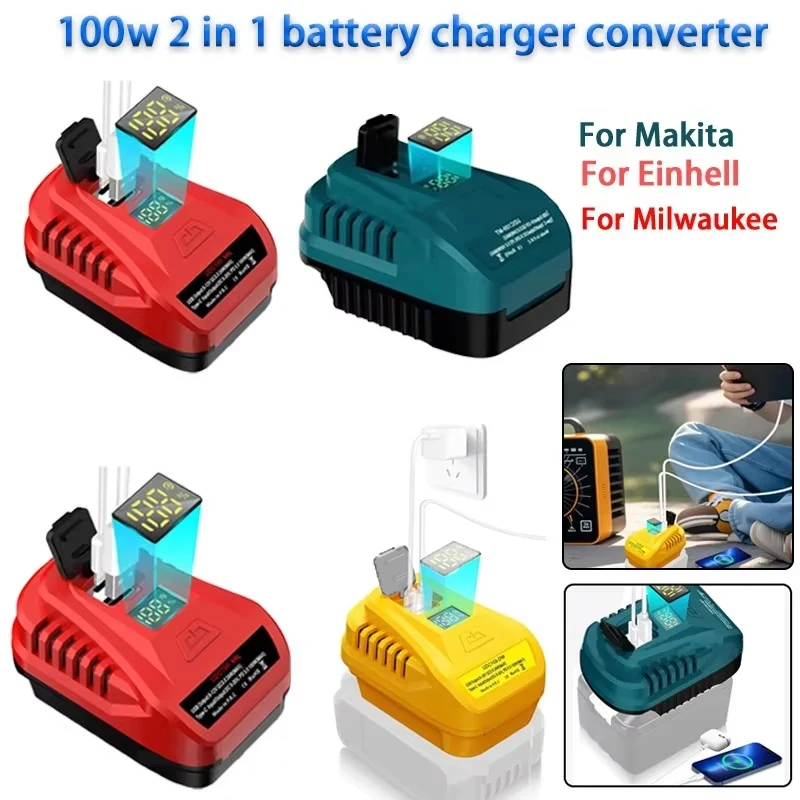 

100W USB Wall Charger Kit Adapter For Dewalt/Makita/Milwaukee/Einhell 18V Li-ion Battery Converter QC3.0 Type-C with LED Display
