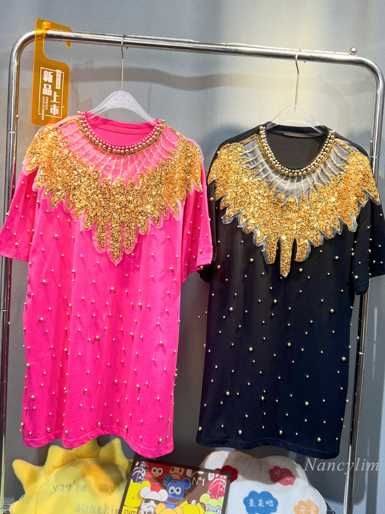 

European Style 2024 Summer New Fashion Heavy Industry Beads T-shirt Women's Loose Slimming Long Sequined Top Fashion Outfits