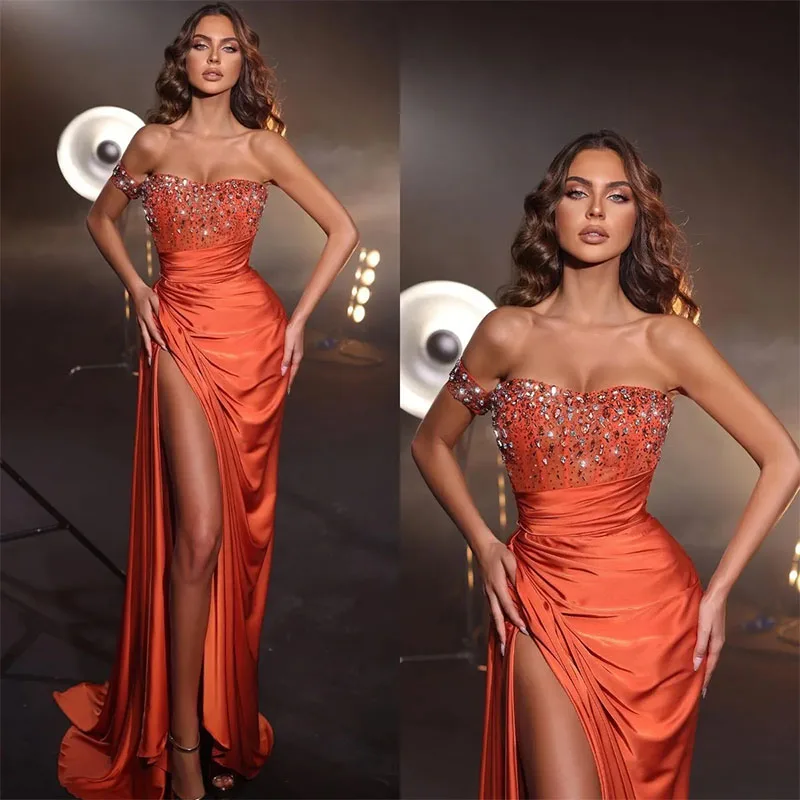 Elegant Orange Evening Dress Off Shoulder Beads Party Prom Dress Pleats Split Formal Long Red Carpet Dress for Special Occasion