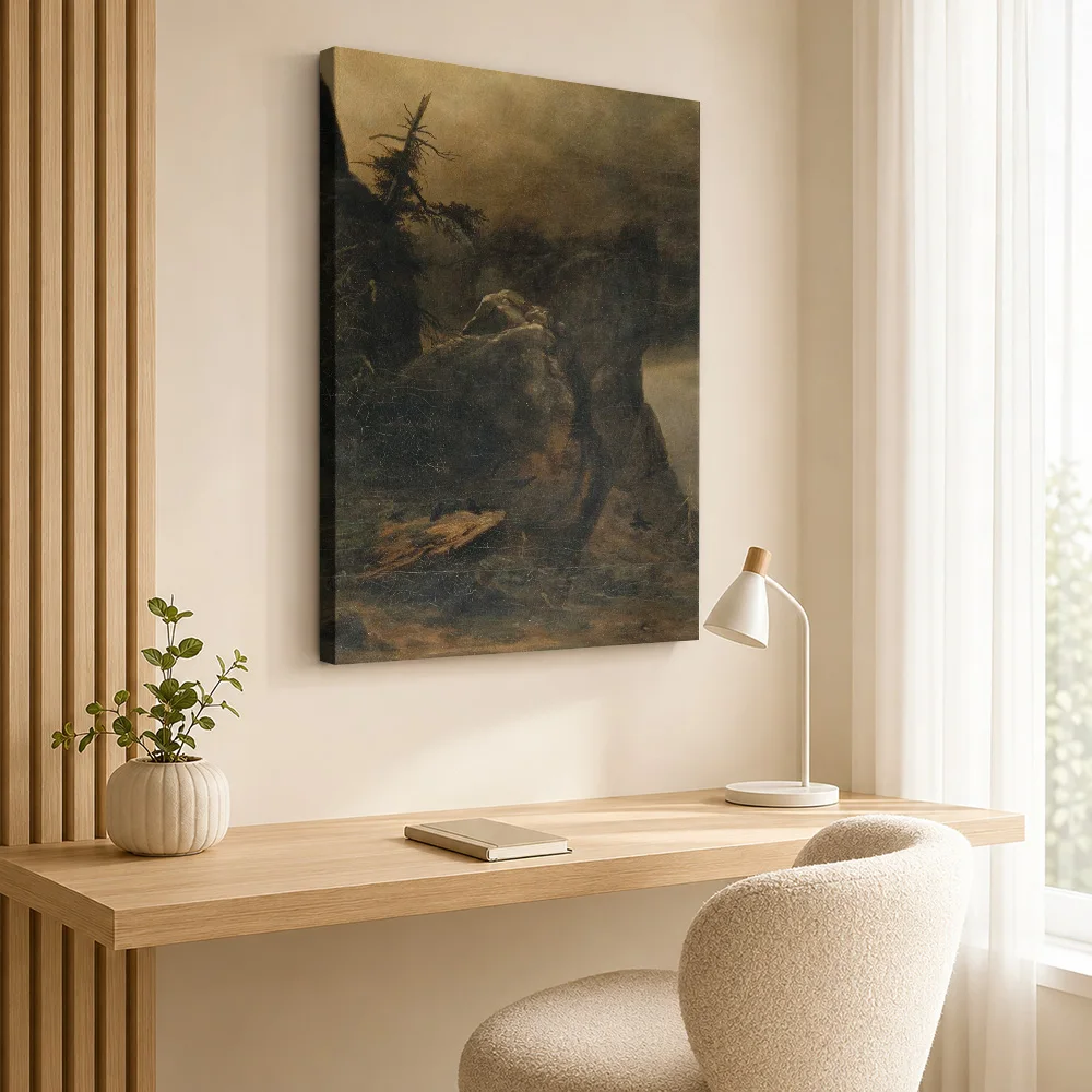 Gloomy Mountain Landscape With Birds Canvas Poster Customized Photo Detailed Painterly Composition Wall Art For Sitting Room