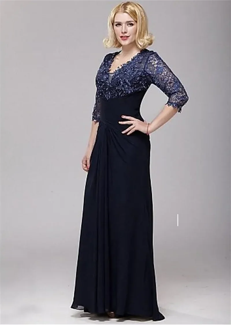 Sexy V-neck A-line Lace and Chiffon Mother of the Bride Dress 3/4 Sleeve Floor Length Evening Party Dress