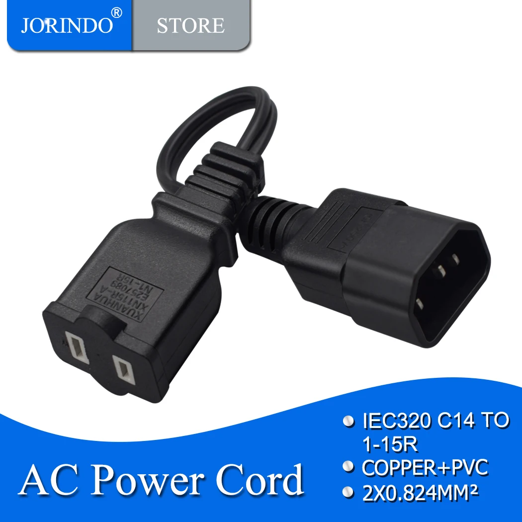 JORINDO IEC 320 C14 Male Plug to USA  Female Socket Power Adapter Cable,C14 3 PIN to Nema 1-15R 2 PIN Power Adaptor Cord