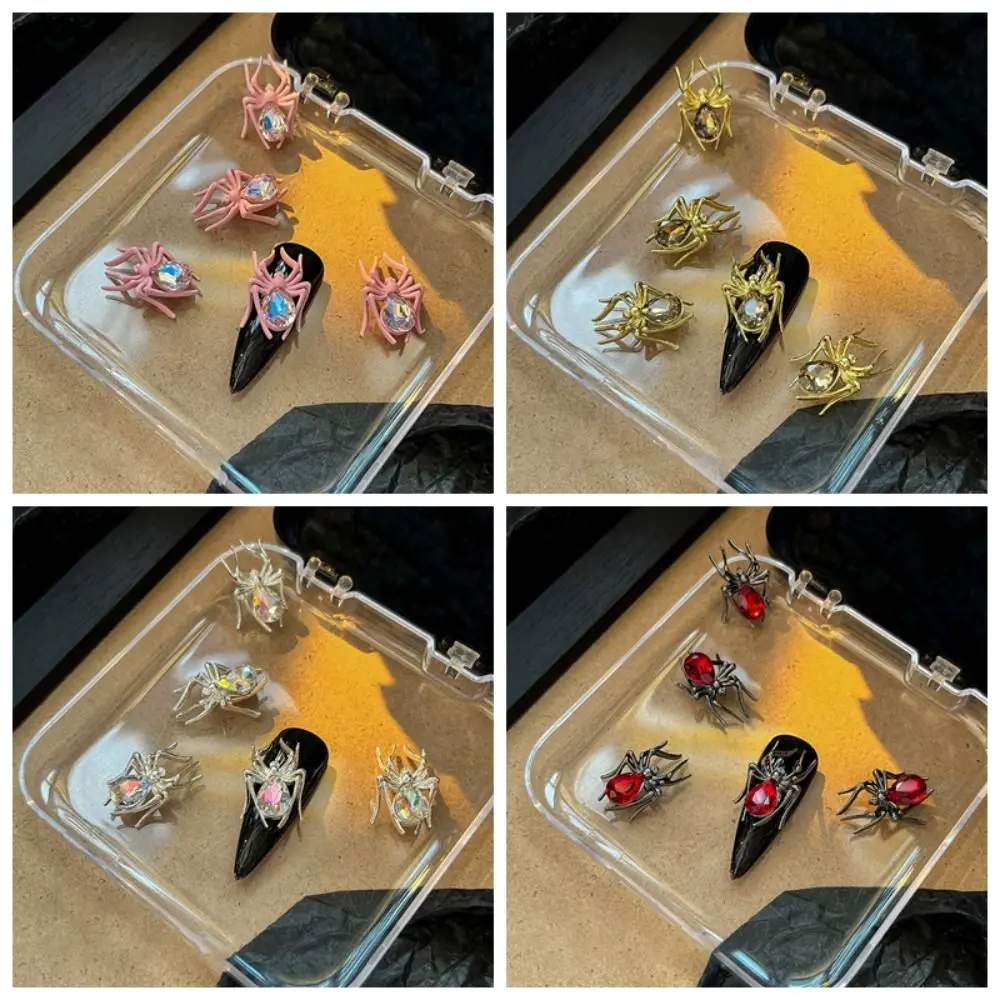 5 Pcs 3D 스파이더 네일 아트 라인 석 다채로운 럭셔리 합금 스파이더 장식 스파클 크리스탈 고딕 디자인 스파이더 네일 장식품