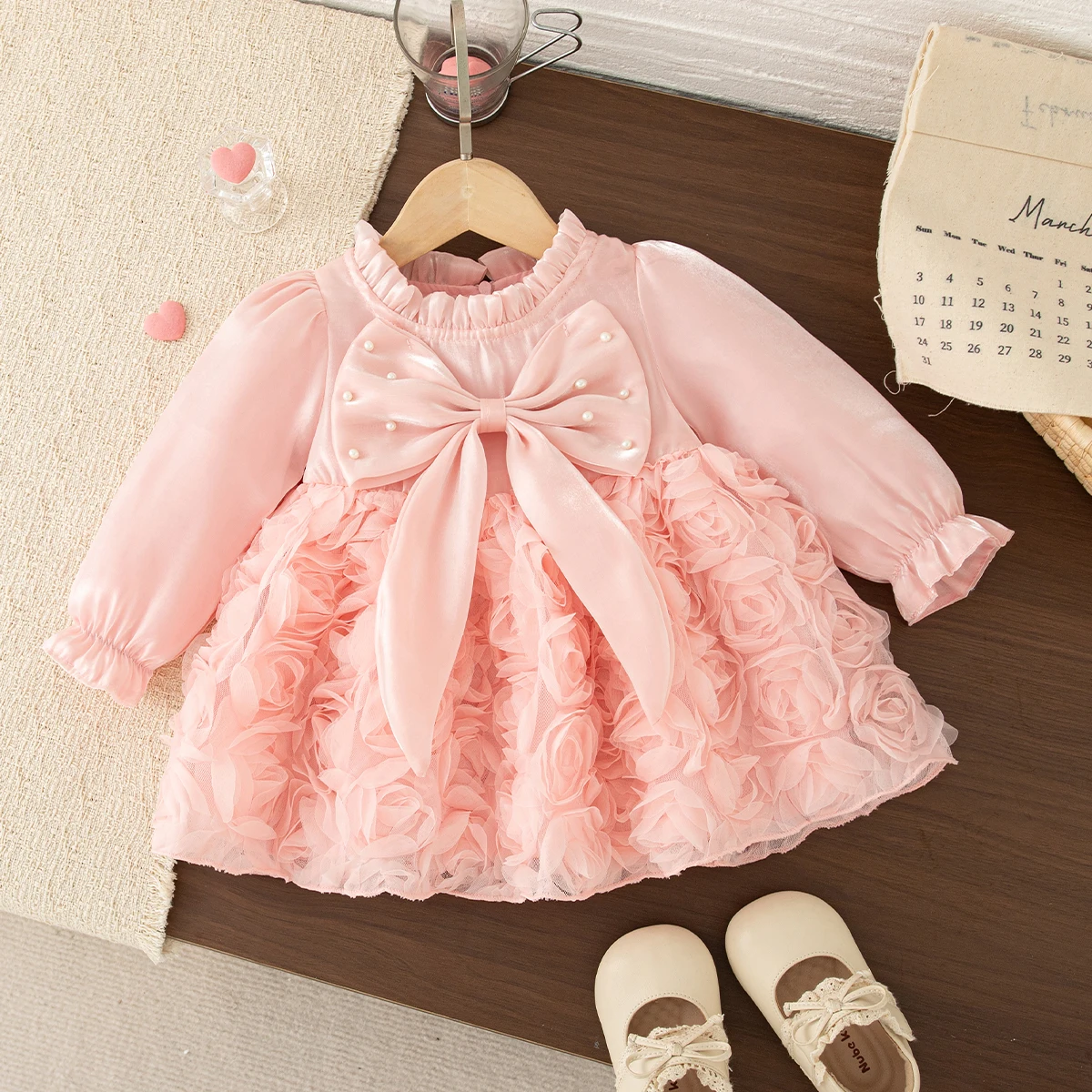 Autumn New Pearl Bow Baby Girl Princess Dress Birthday Party Children'S Pink Clothes (9 Months -3 Years Old)