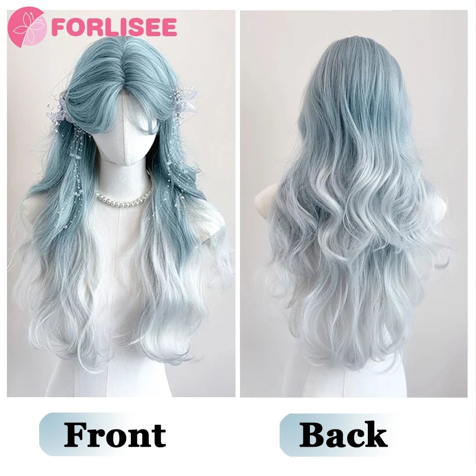 FORLISEE Synthetic Women Lolita Wavy Curly Ombre Blue Mint Color Long Curly Hair Wigs With Bangs Cosplay Hair Wig For Daily Part