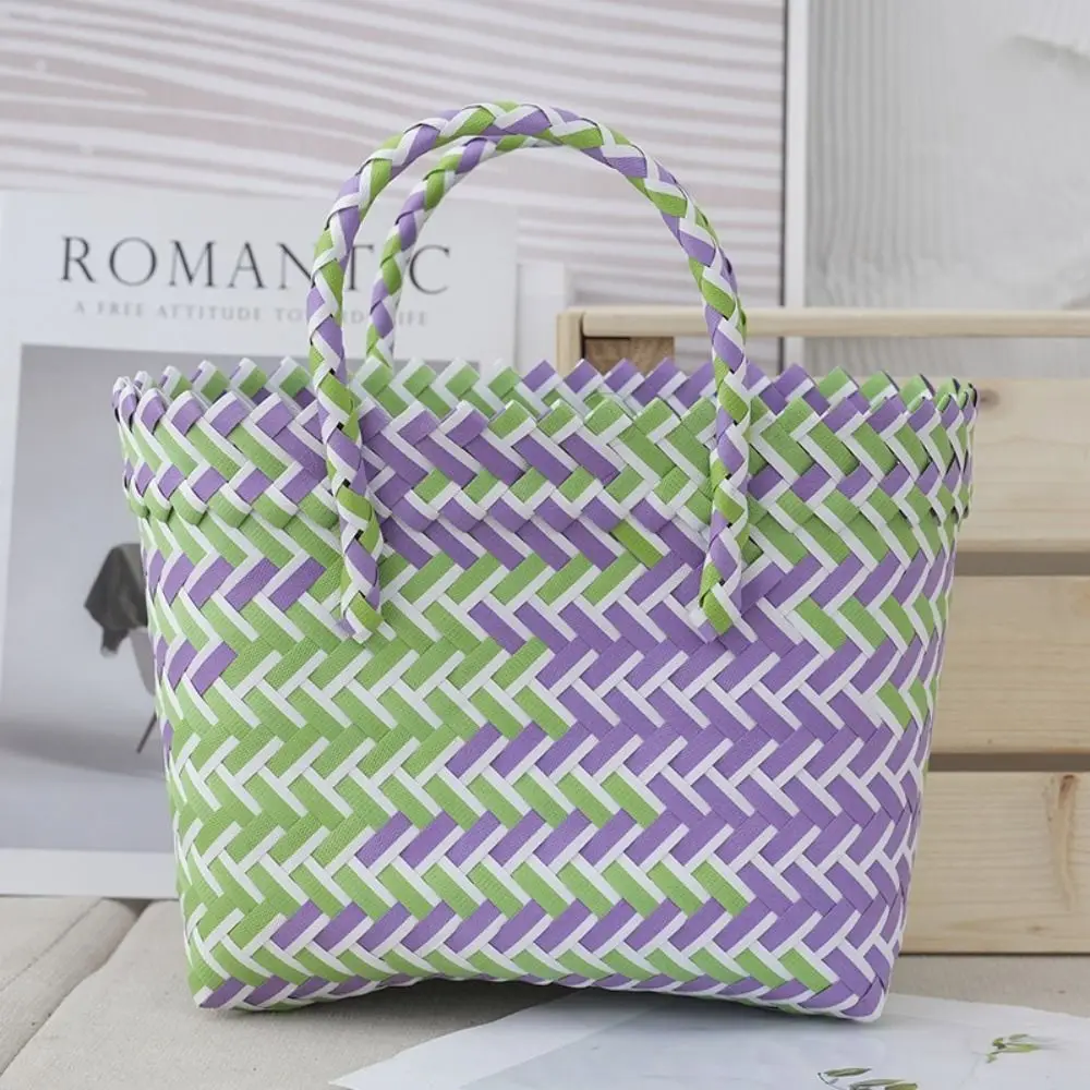 Summer Candy-colored Color Contrast Tote Bag Hand-woven Weaving Baskets Vegetable Basket Bag Large Capacity Shoulder Bag