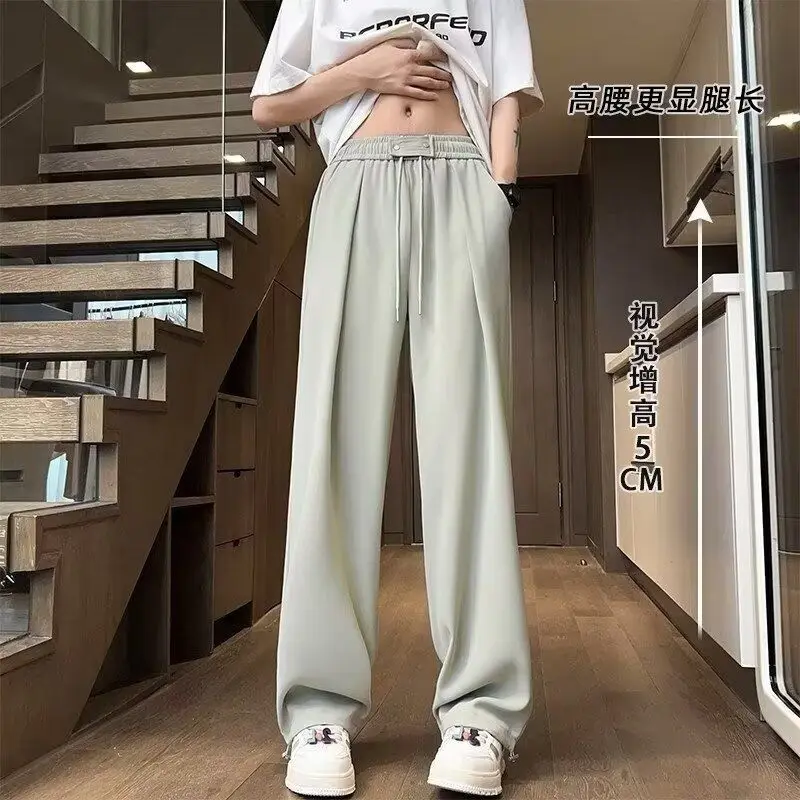 Spring Summer New Solid Color Fashion Elastic Waist Straight Pants Man High Street Loose Pockets Patchwork Drawstring Trousers