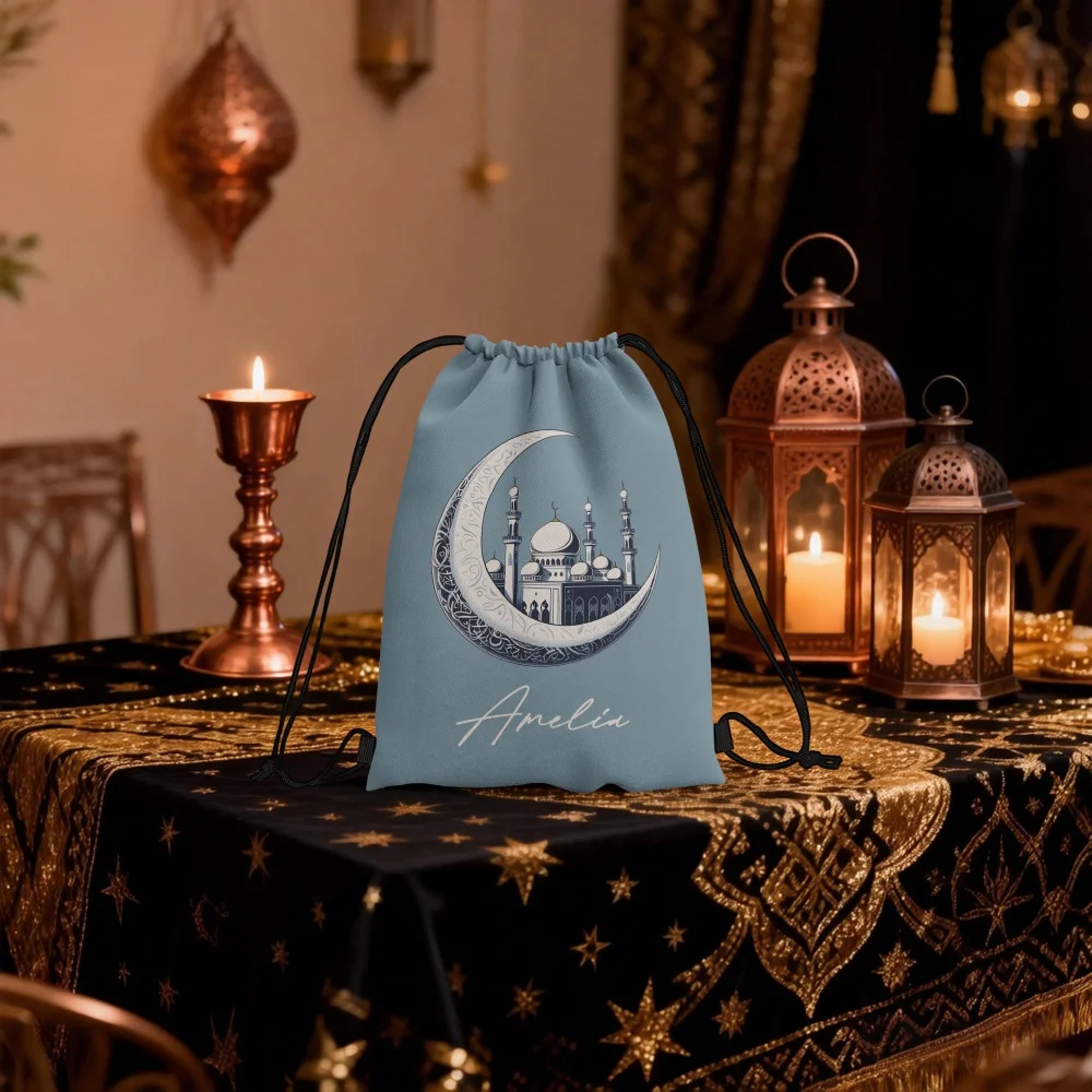 Custom Printed Ramadan Crescent Mosque Drawstring Backpack Personalized Name Muslim Eid Print Festival Sackpack