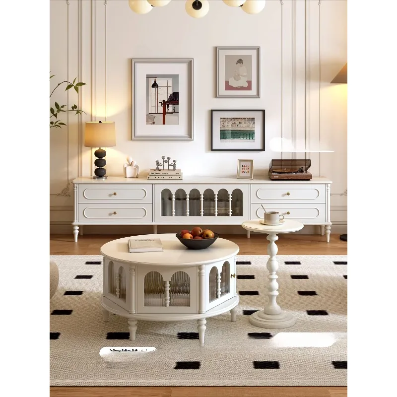 

French TV Cabinet Living Room Home Cream Style Solid Wood Coffee Table Combination