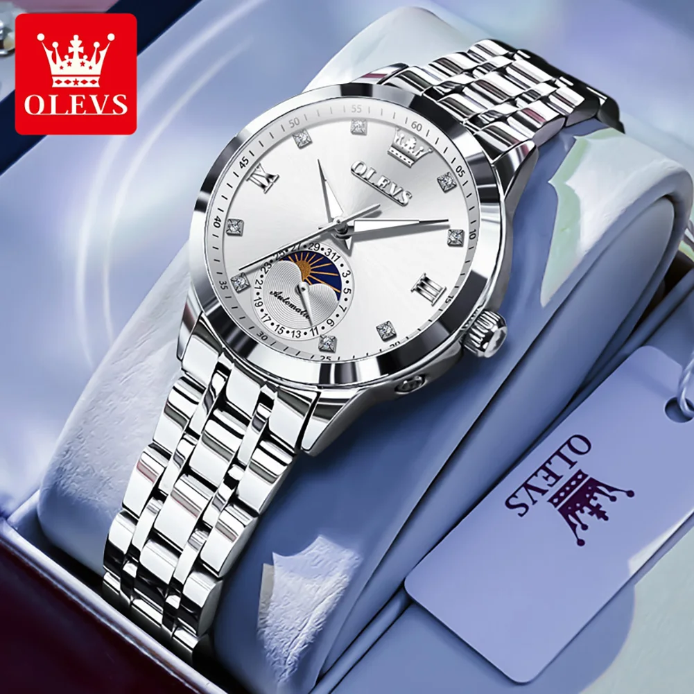 OLEVS 7041 Top Original Watch For Women Waterproof Luminous Moon Phase Automatic Mechanical Ladies Wristwatch High Quality