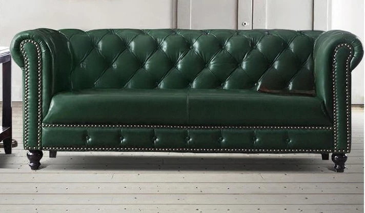 Leather sofa Small apartment light luxury industrial style dark green leather sofa