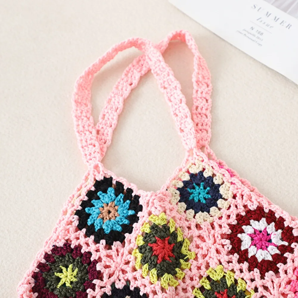 Women Tote Bag Floral Crochet Large Capacity Knitted Bag Trendy Handmade Cut-out Boho Bag Vintage Multicolor Hollow Out Handbag