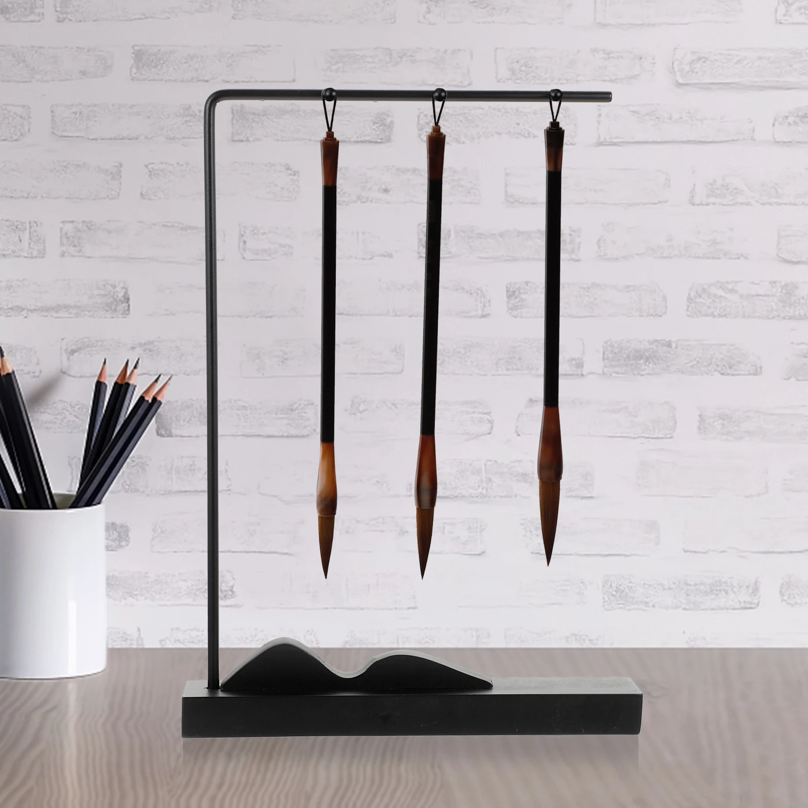 

Iron Brush Holder Sturdy Wooden Base Calligraphy Rack Storage Display Multi-Functional Display Rack Home Office Art Supply