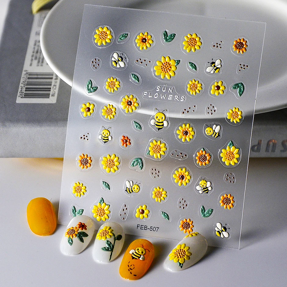 

Yellow Sunflower Bee White Daisy 5D Soft Embossed Relief Self Adhesive Nail Art Sticker Fresh Flower Summer Manicure Decal Woman