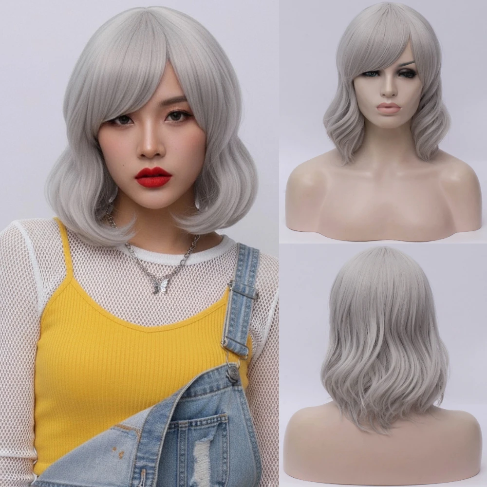 

Серый короткий волнистый синтетический парик с боковой челкой, термостойкий, для женщин, для повседневного использования и косплея