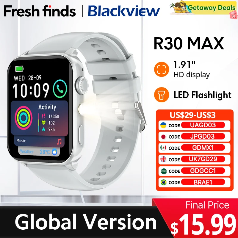 【World premiere】Blackview R30 Max Smartwatch 1.91" Flashlight Bluetooth Phone Call Al Voice Assistant 350mAh Sports watch